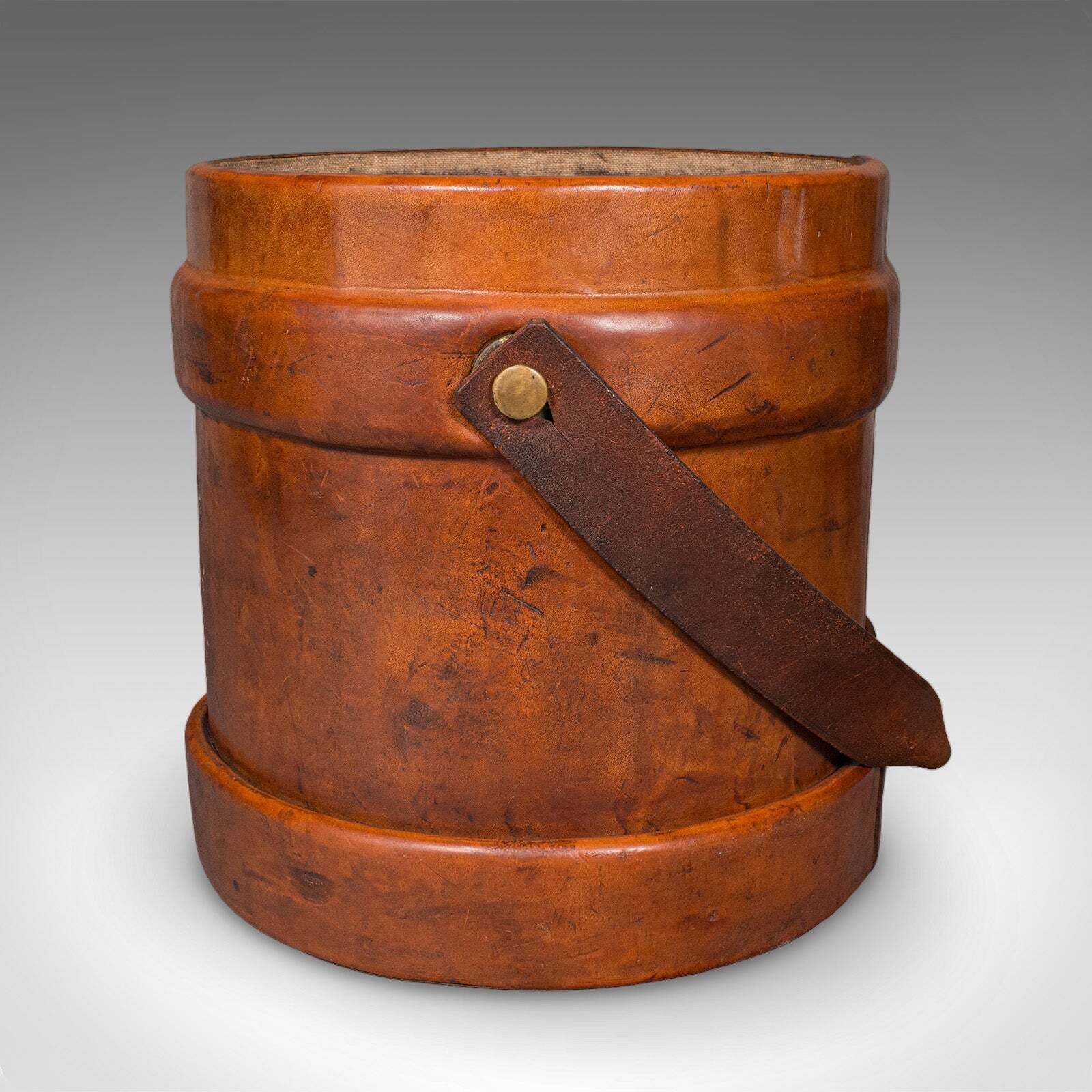 Vintage Drawing Room Waste Paper Basket, English, Leather Study Bin, Mid Century photo vinterior