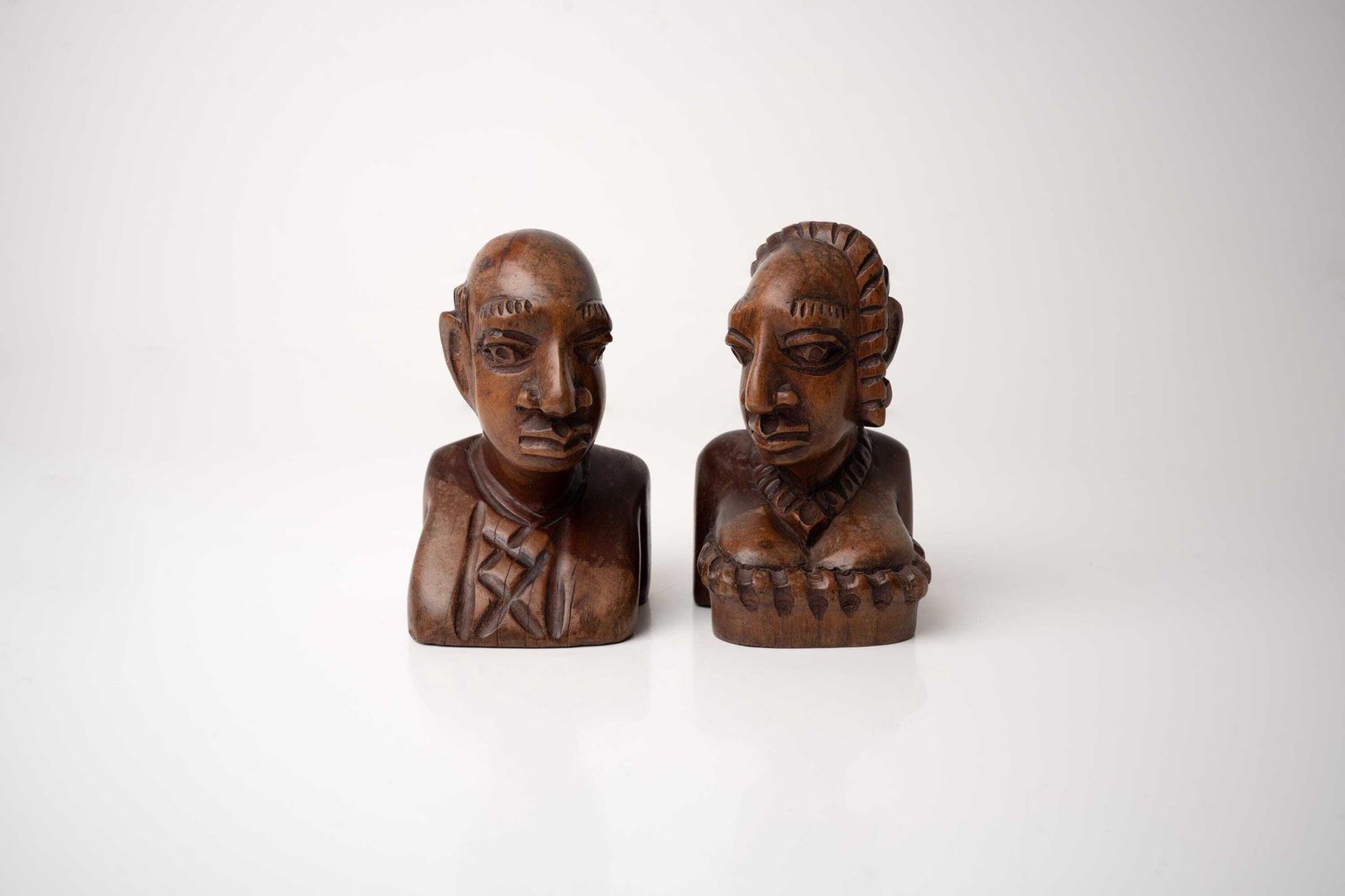 Folk Art African Bookends | Primitive African Wood Busts Pair