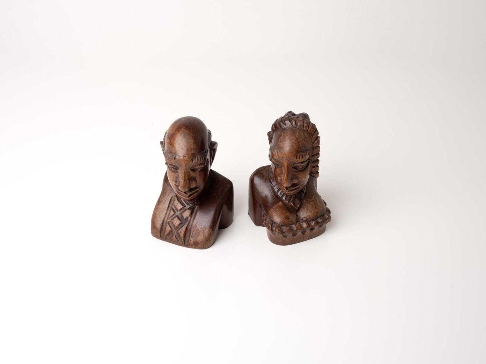 Folk Art African Bookends | Primitive African Wood Busts Pair photo for sale