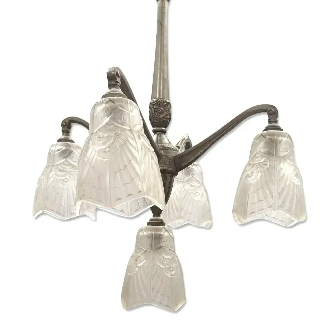 1930s Art Deco Silvered Bronze Chandelier With Molded Glass Tulip Shades photo furniture