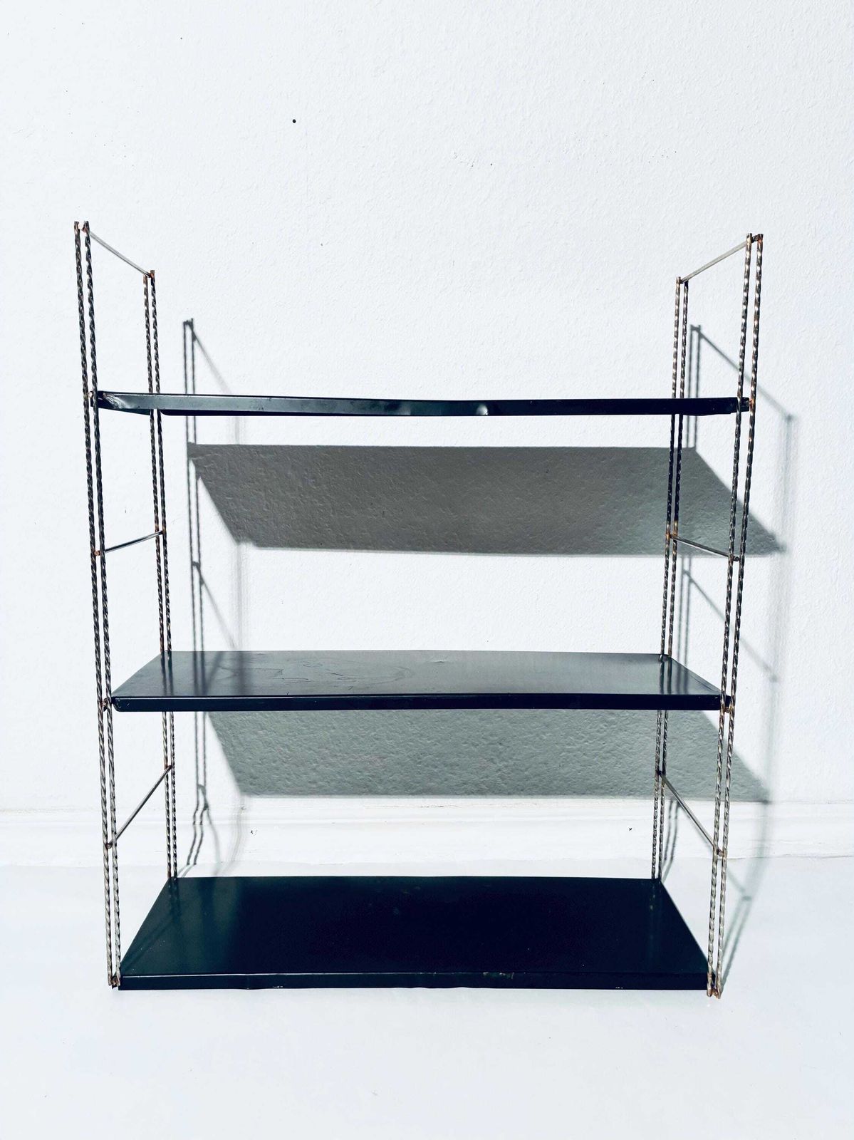 Black Mid Century String Shelf / 1960s Vintage Scandinavian Style Industrial Interior photo for sale