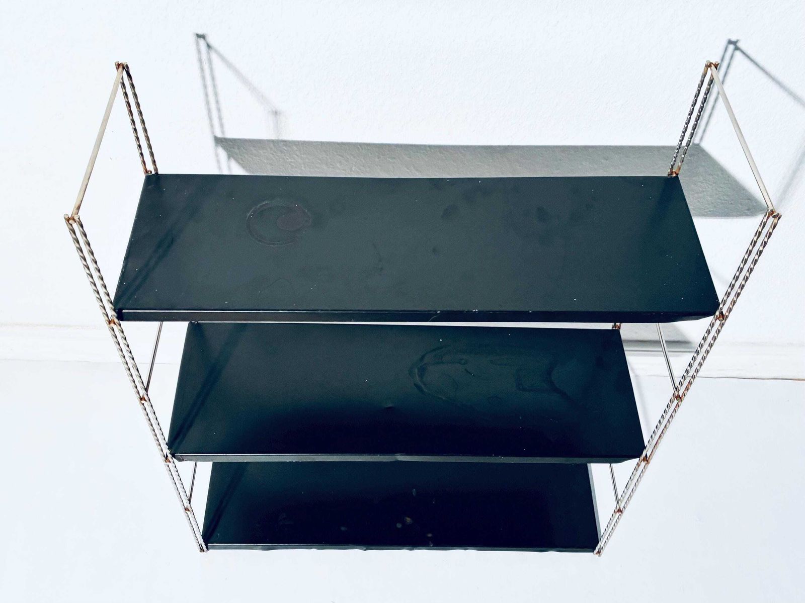 Black Mid Century String Shelf / 1960s Vintage Scandinavian Style Industrial Interior photo vintage