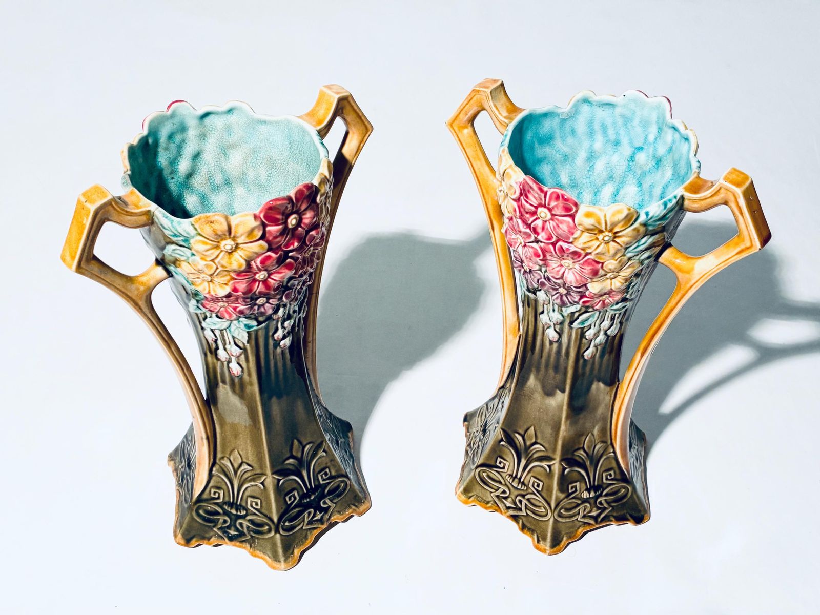 Two Art Nouveau Frie Onnaing Pansy Floral Motif Ceramic Vases / 1900s French Majolica / 785