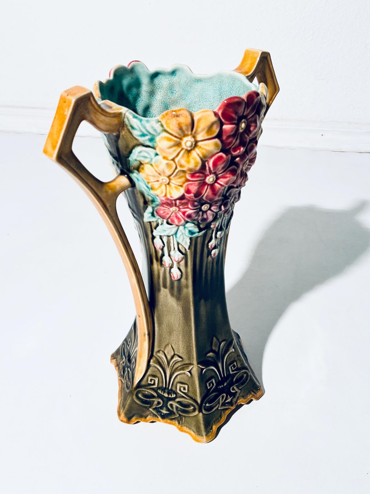 Two Art Nouveau Frie Onnaing Pansy Floral Motif Ceramic Vases / 1900s French Majolica / 785 photo for sale