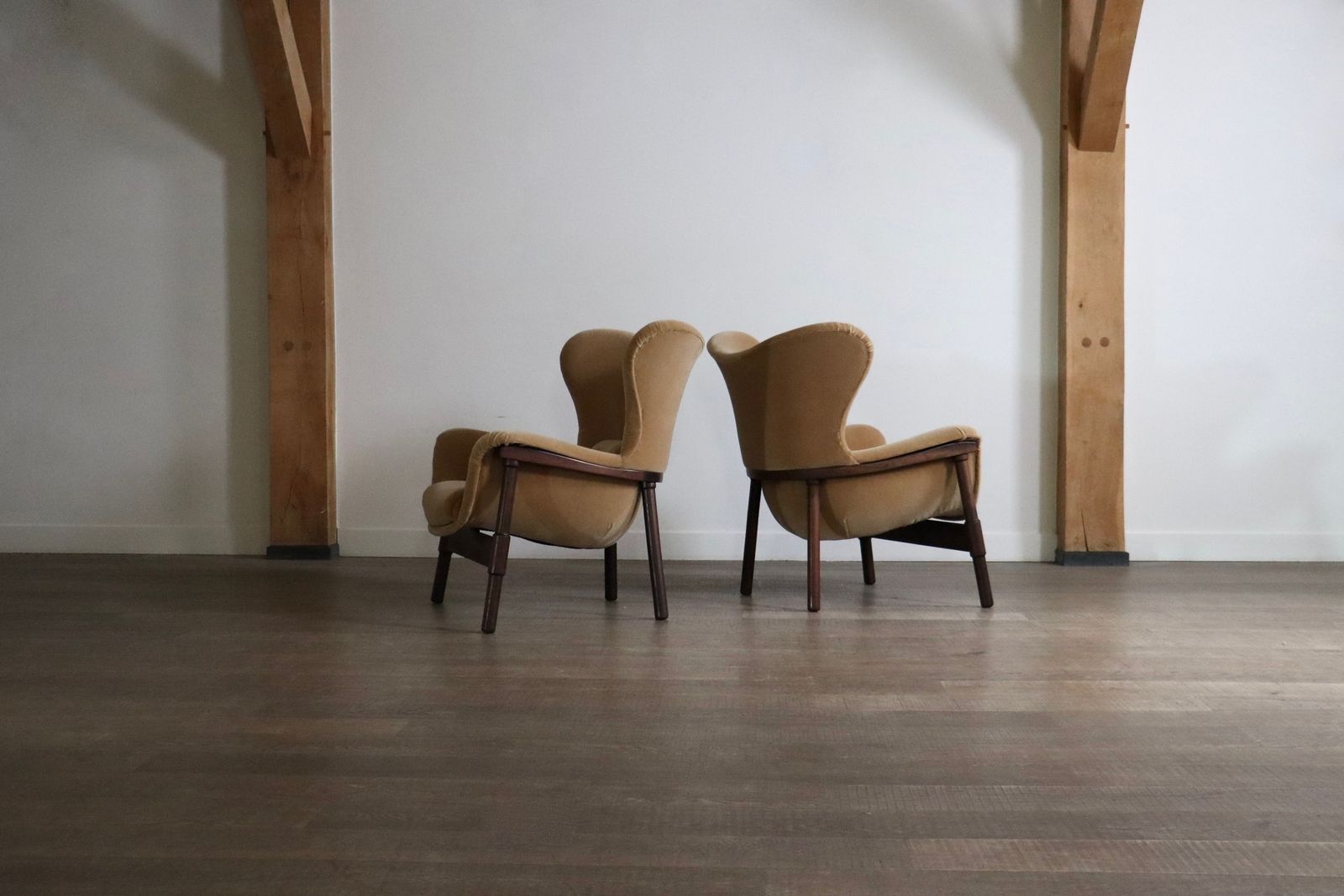 Pair Of Sculptural Lounge Chairs In Mohair And Rosewood, Italy 1950s photo vintage