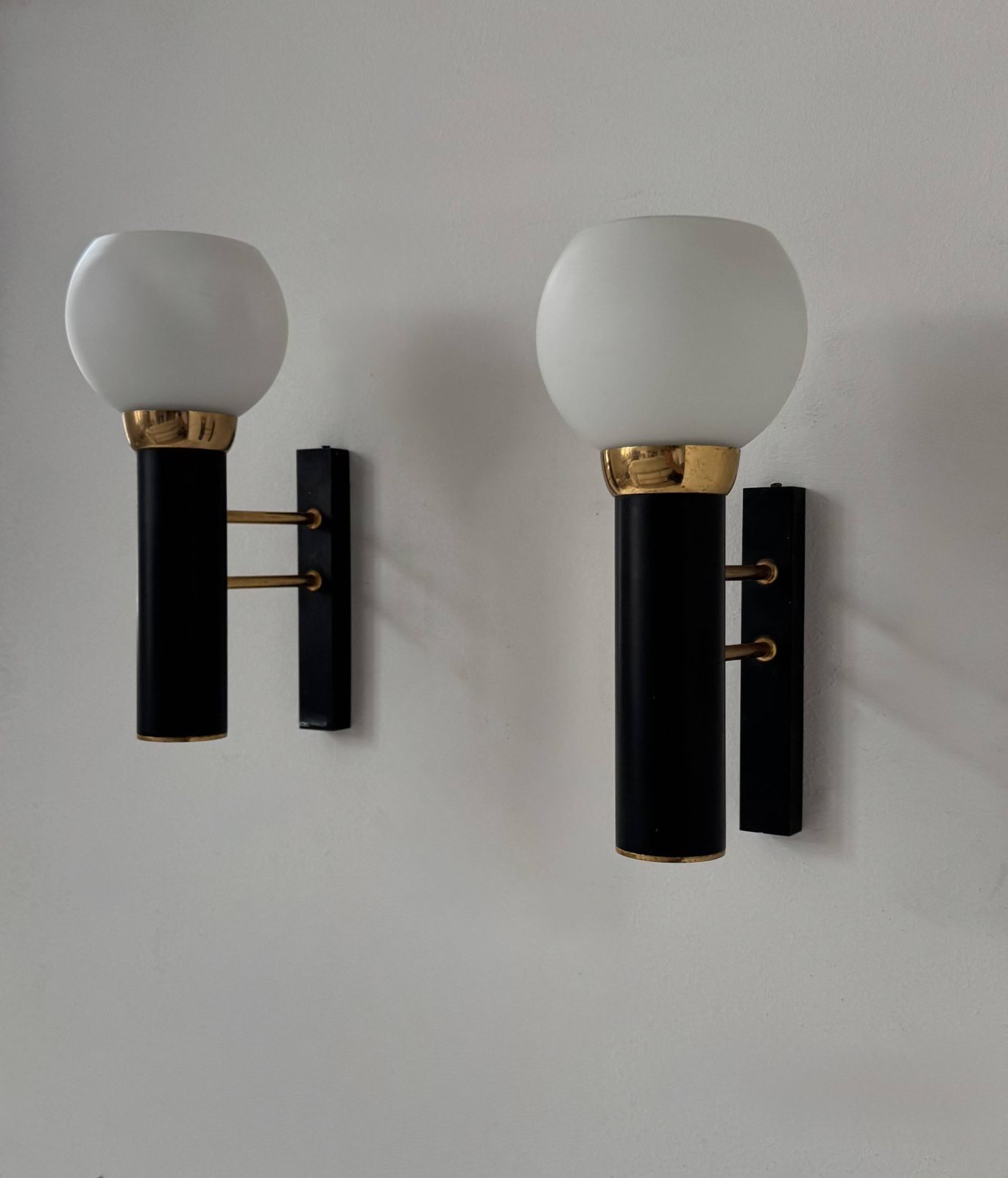 Pair Of Vintage Wall Lights, Opaline Brass And Matte Black Metal, France, 1950 photo 524.0