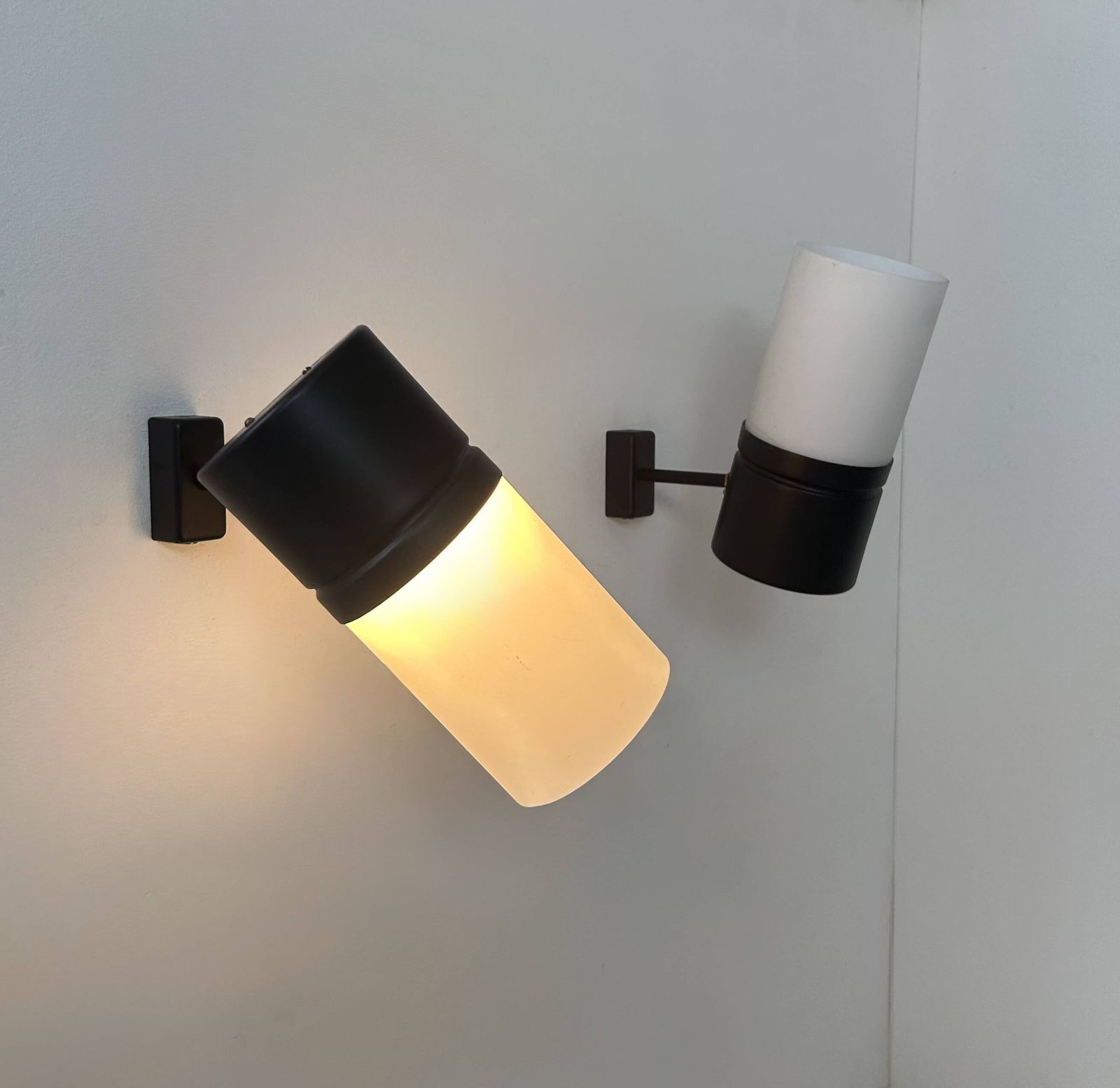Pair Of Vintage Adjustable Wall Lights, Matte Black Metal And Opaline France 1950 photo furniture