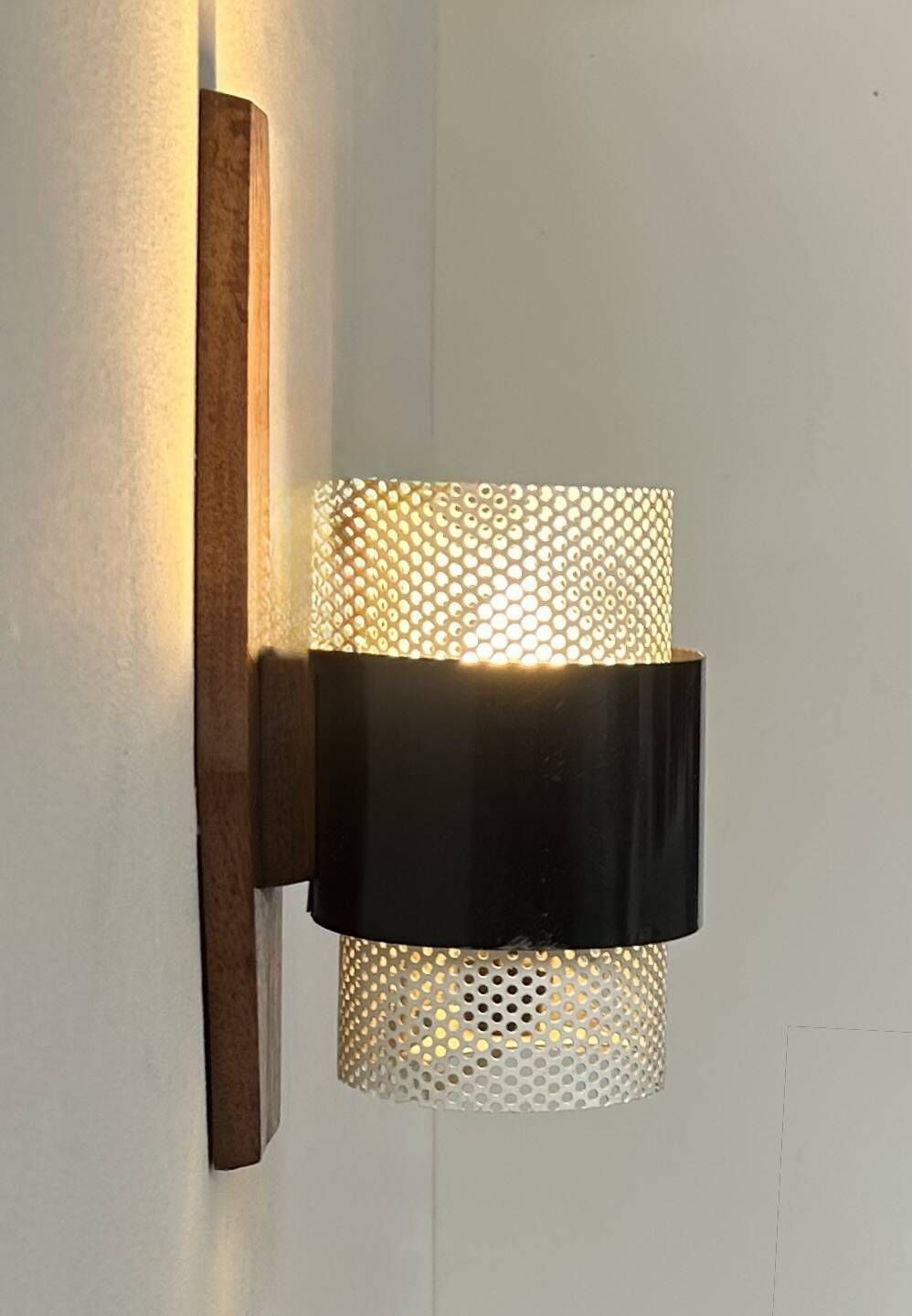 Vintage Wall Light, Wood, Black And White Lacquered Metal, France, 1950 photo for sale