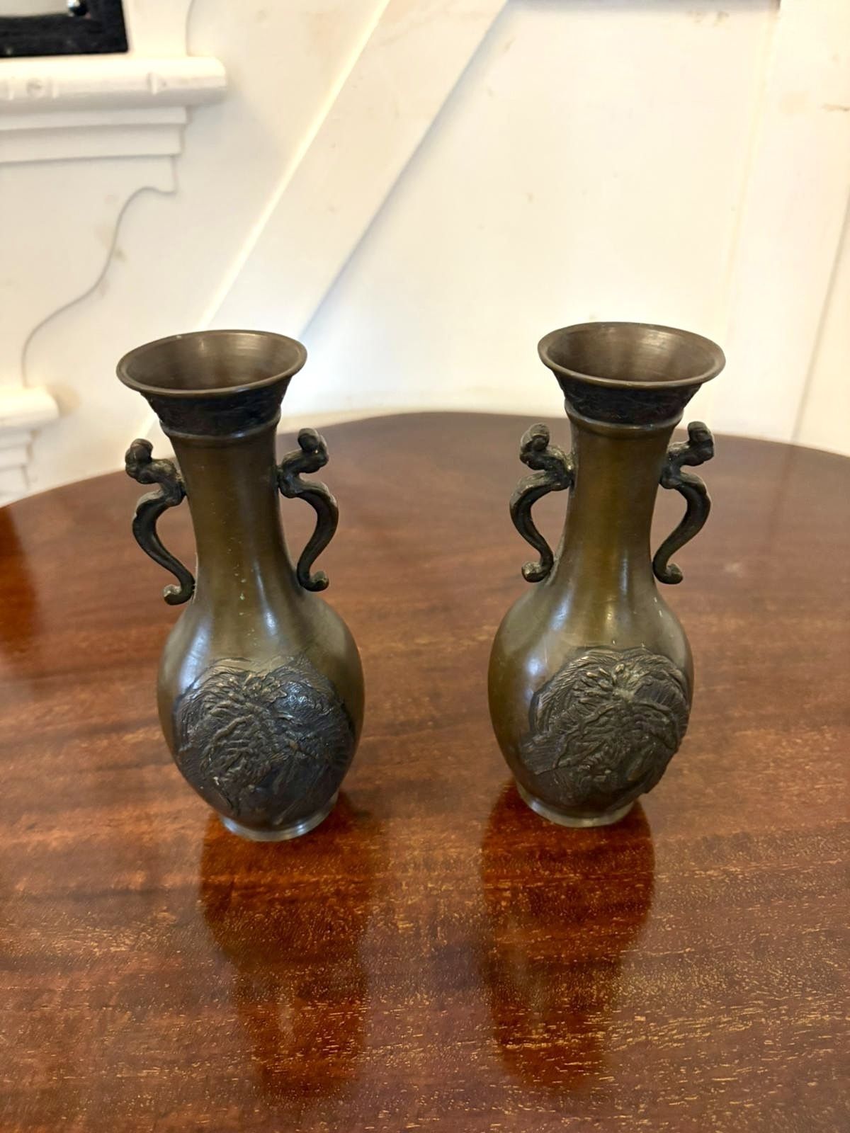 Pair Of Antique Japanese Quality Meiji Bronze Vases photo for sale