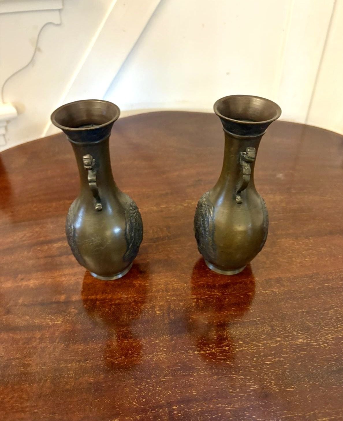Pair Of Antique Japanese Quality Meiji Bronze Vases photo 495.0