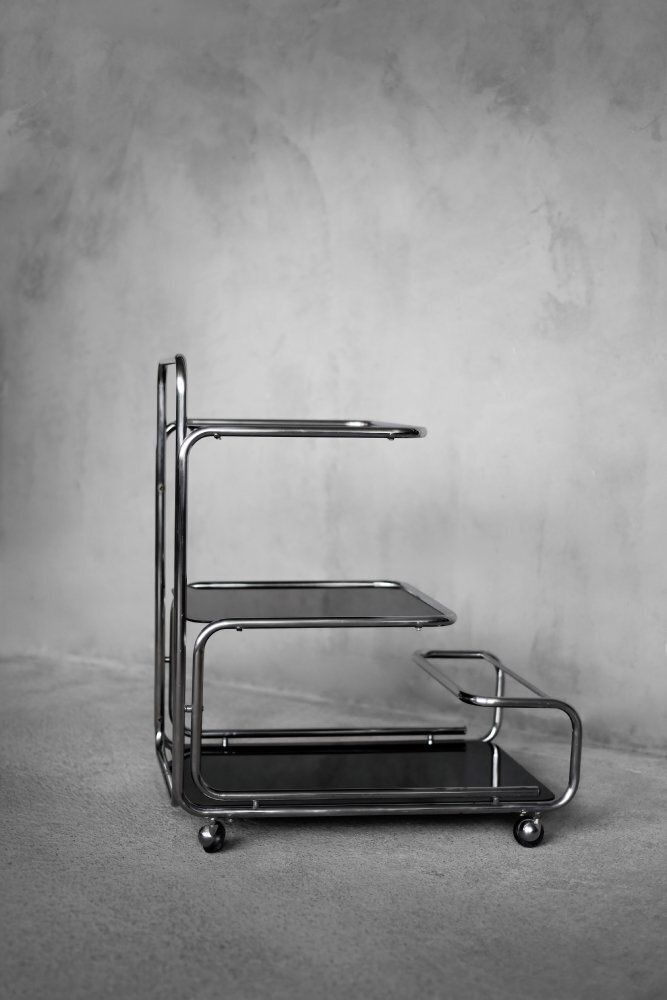 photo vinterior Vintage Mid Century Modern German Bauhaus Chrome & Glass Serving Trolley, 1960s