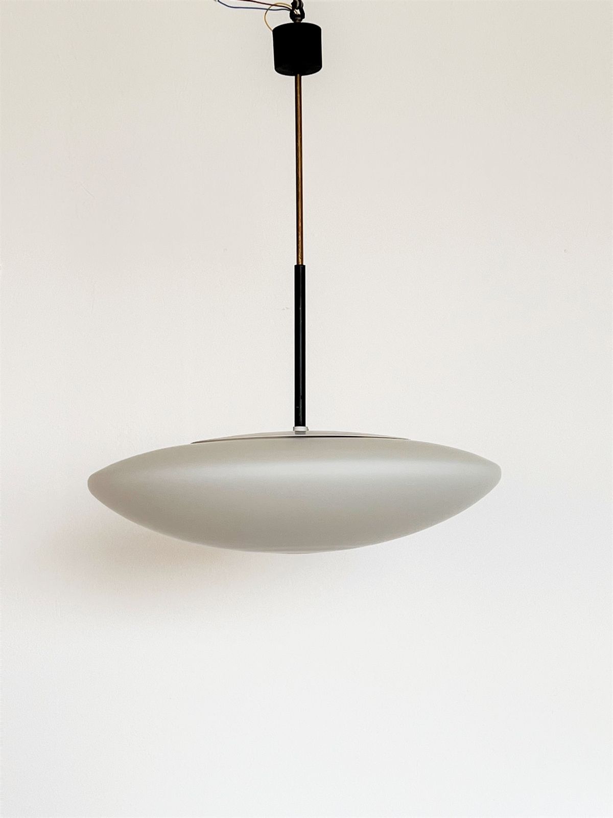 Italian Mid Century Stilnovo Opaline Glass And Brass Pendant Light , 1970s photo vinterior