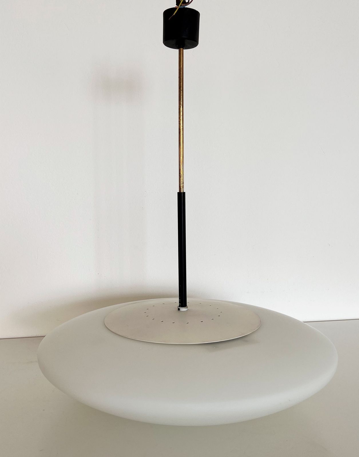 Lighting Italian Mid Century Stilnovo Opaline Glass And Brass Pendant Light , 1970s photo