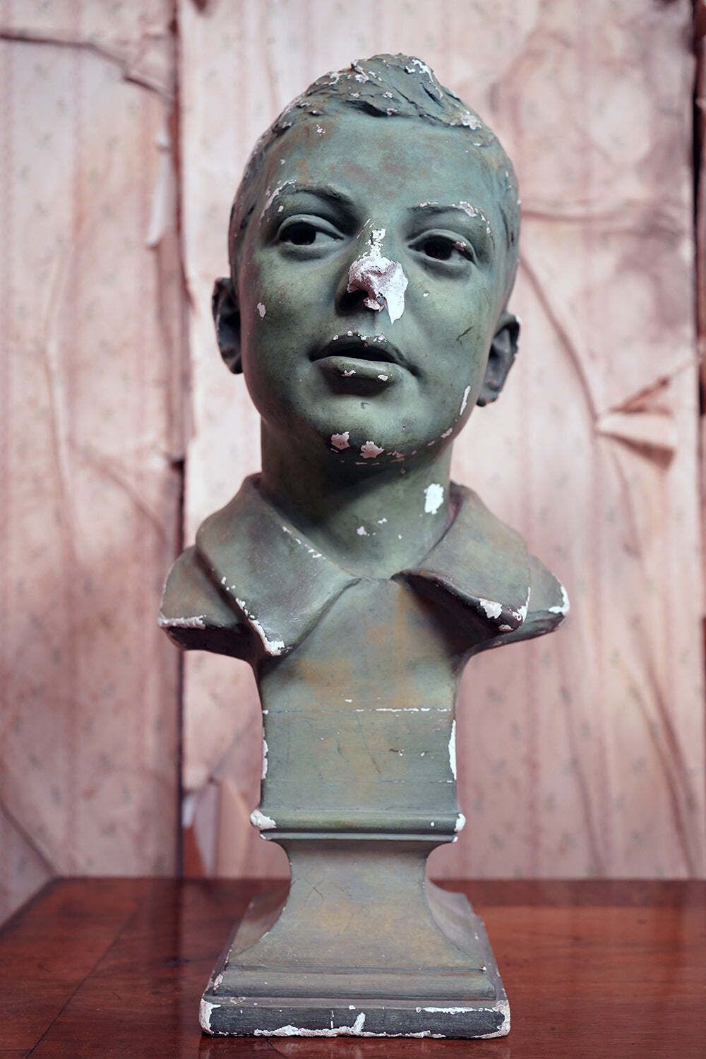 An Early 20thc Green Painted Plaster Bust Of A Youth C.1900 20 photo for sale