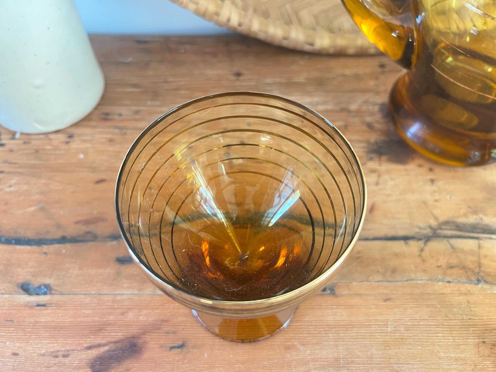 Mid Century Hand Blown Amber Glass Pitcher And 4 Stemware Set | Bohemian Smoke Glass Jug With Gold Banding | Vintage Czech Cocktail Barware photo Home Decor
