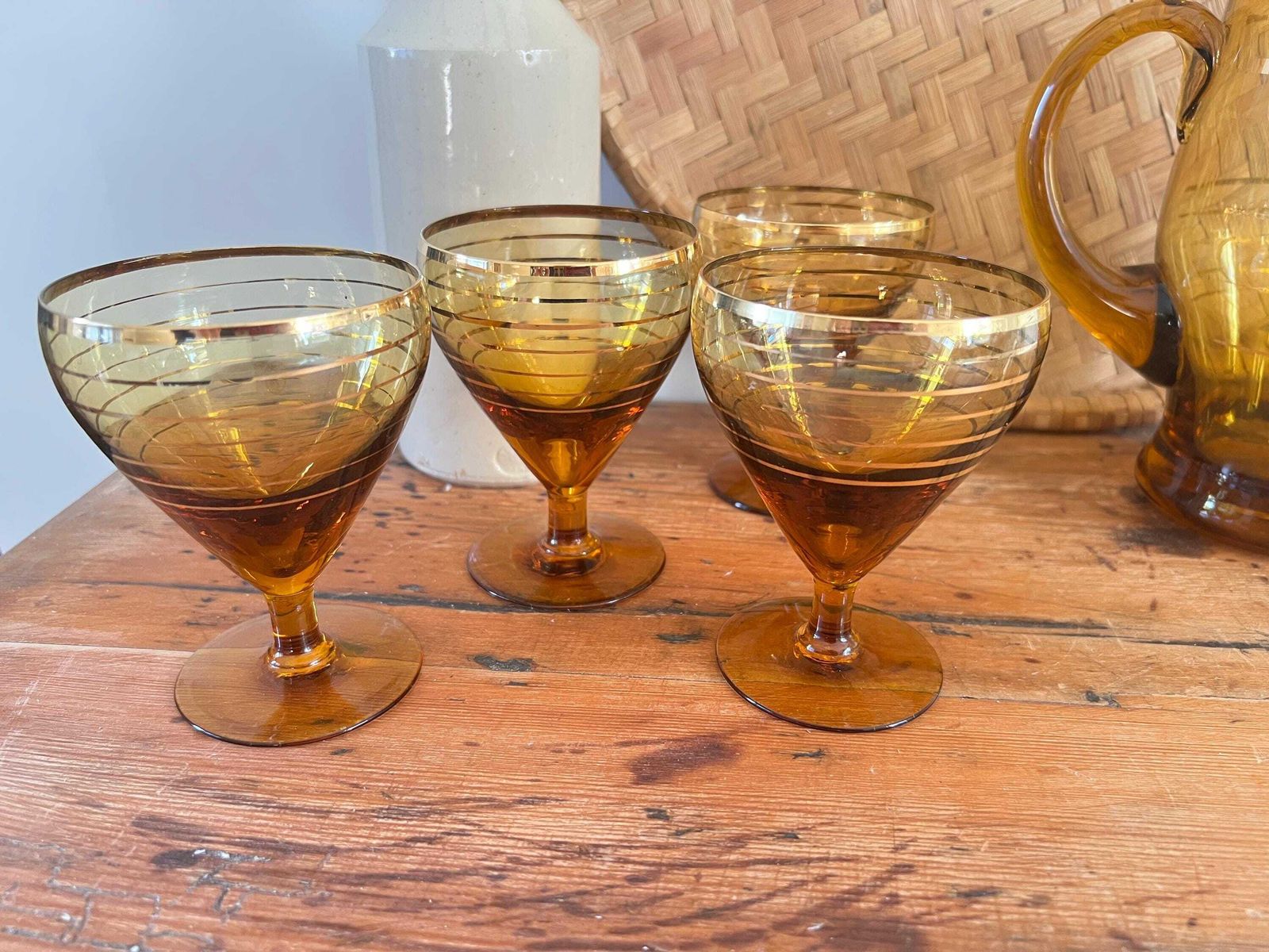 photo furniture Mid Century Hand Blown Amber Glass Pitcher And 4 Stemware Set | Bohemian Smoke Glass Jug With Gold Banding | Vintage Czech Cocktail Barware
