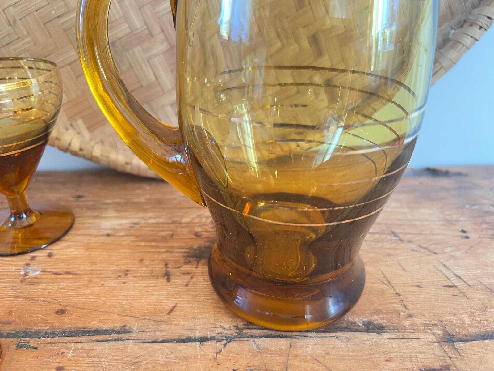 Home Decor Mid Century Hand Blown Amber Glass Pitcher And 4 Stemware Set | Bohemian Smoke Glass Jug With Gold Banding | Vintage Czech Cocktail Barware photo