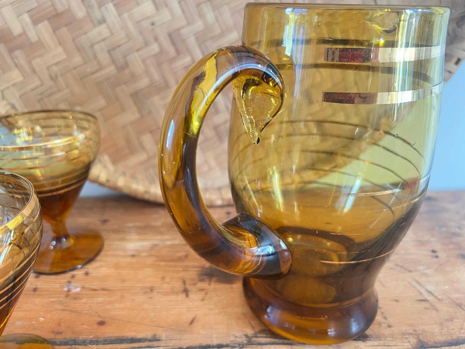 75.0 Mid Century Hand Blown Amber Glass Pitcher And 4 Stemware Set | Bohemian Smoke Glass Jug With Gold Banding | Vintage Czech Cocktail Barware photo