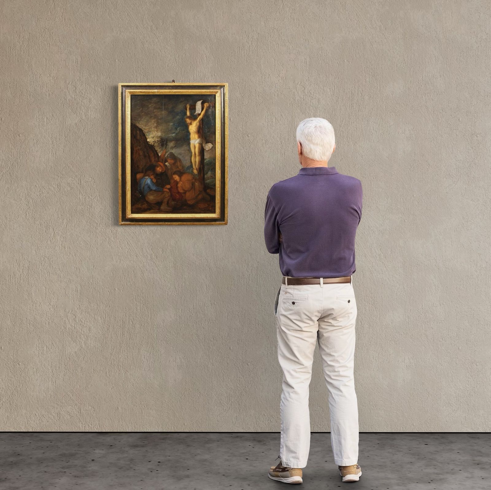 Antique Flemish Painting On Panel From The 17th Century, Crucifixion With Soldiers photo furniture