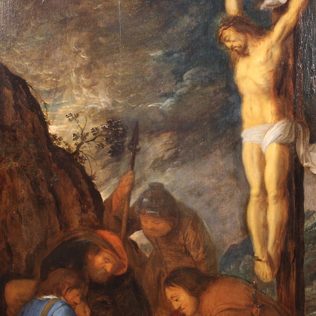 Antique Flemish Painting On Panel From The 17th Century, Crucifixion With Soldiers photo vintage