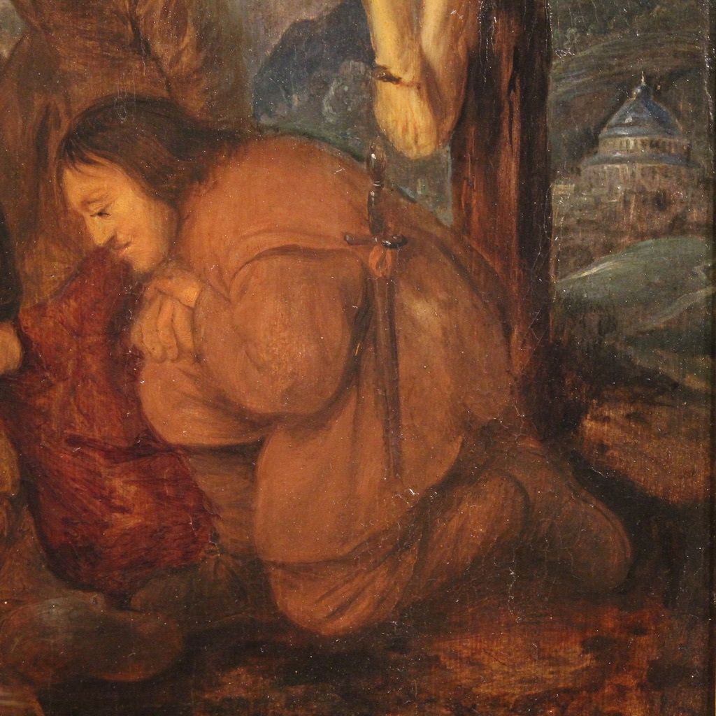 photo buy Antique Flemish Painting On Panel From The 17th Century, Crucifixion With Soldiers