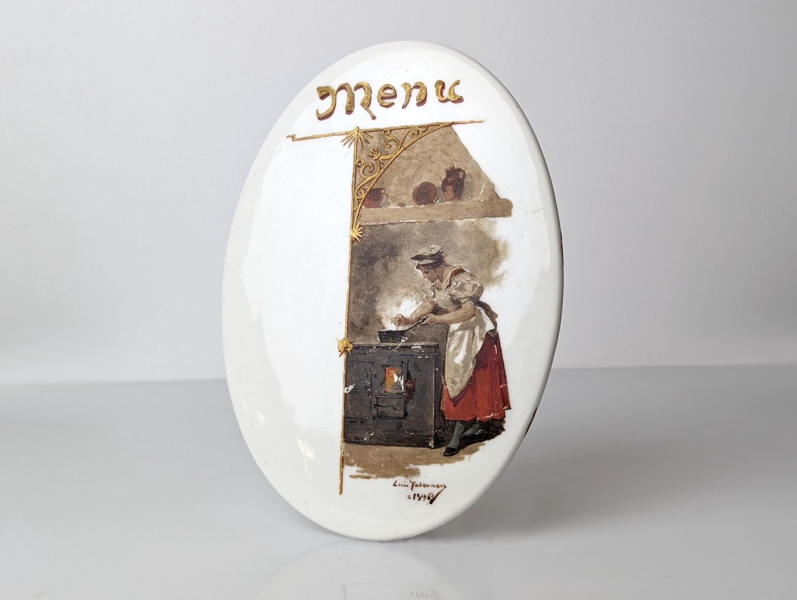 Luis Taberner Menu Plate In Oil On Porcelain Madrid 1896