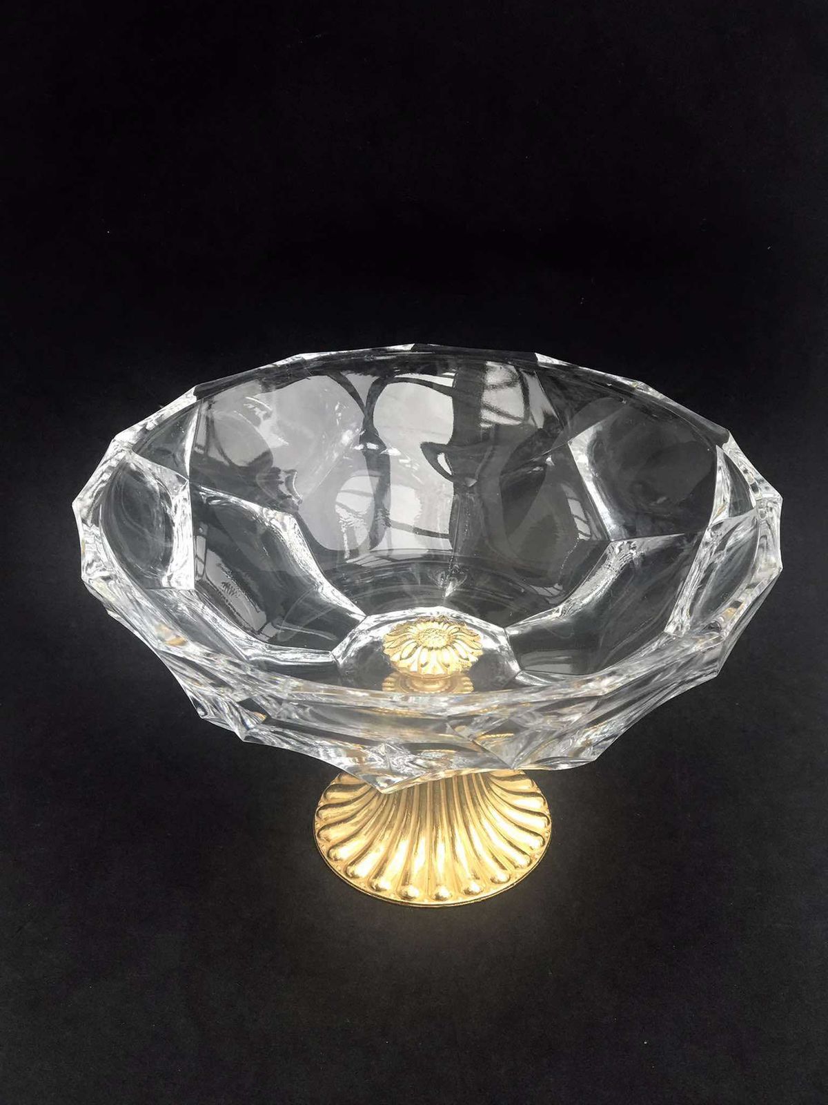 Val Saint Lambert Crystal Compote Bowl: Hollywood Regency Golden Bronze Pedestal photo for sale