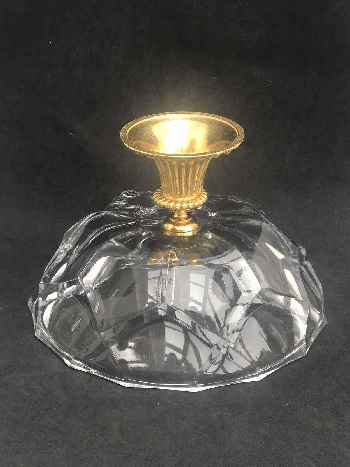 photo furniture Val Saint Lambert Crystal Compote Bowl: Hollywood Regency Golden Bronze Pedestal