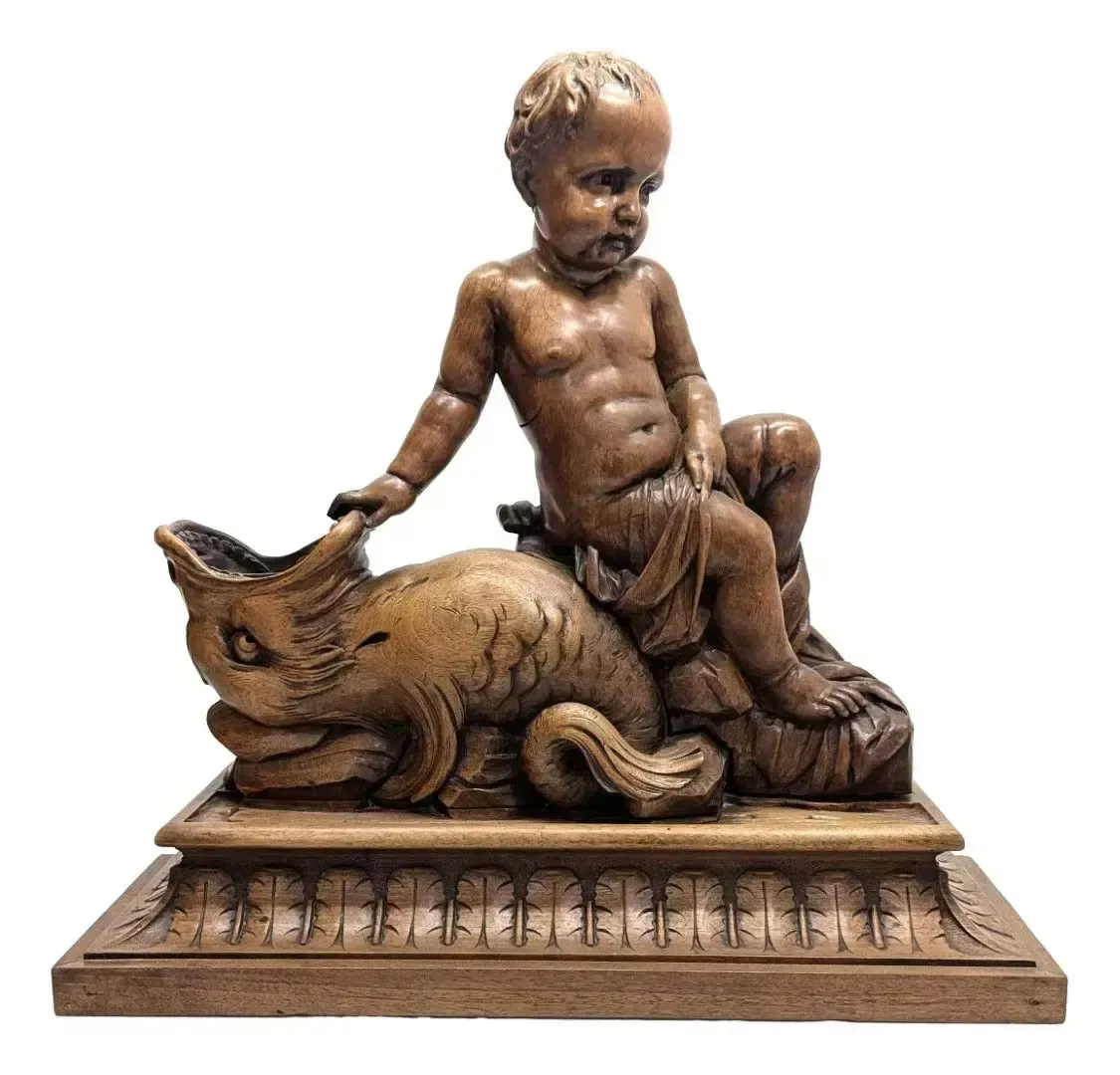 Wooden Sculpture Of A Baby Leaning Against An Animal, 19th Century