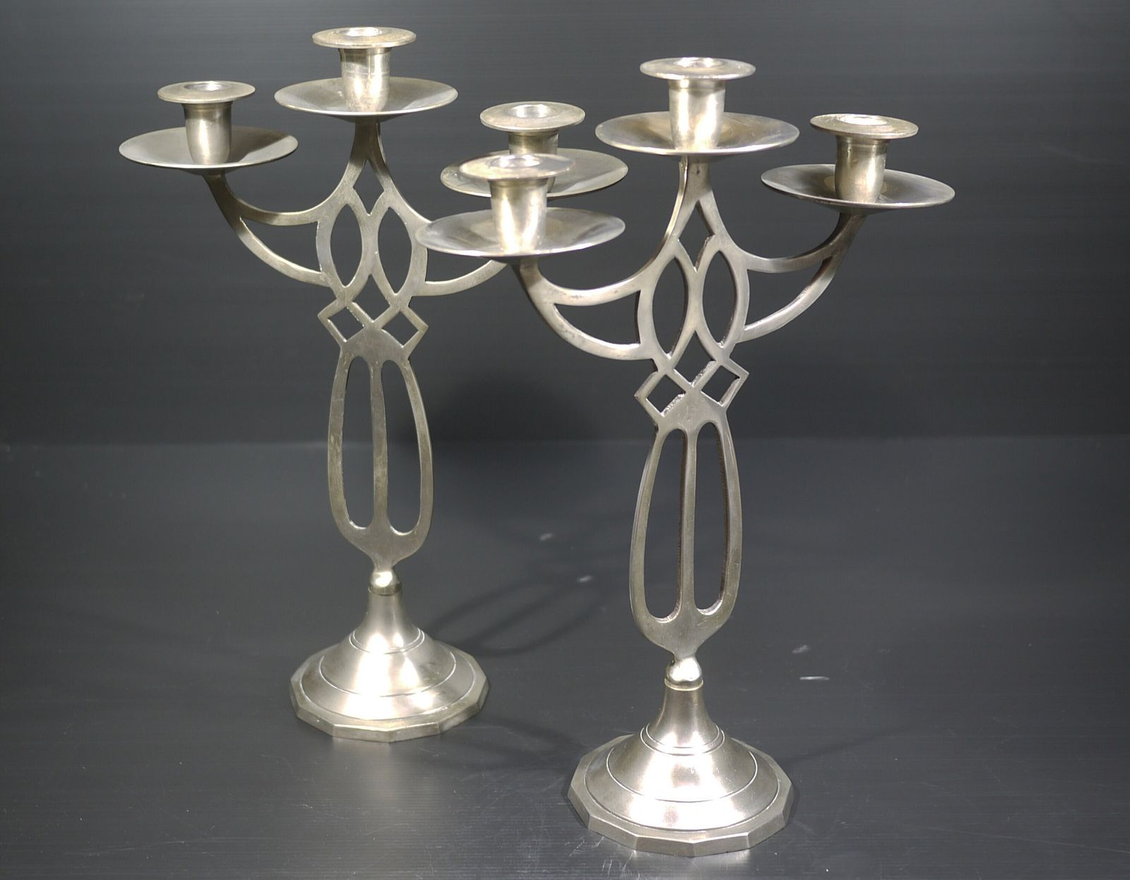 Pair Of Art Nouveau Pewter Candelabra, French Dinner Table Centerpiece photo furniture