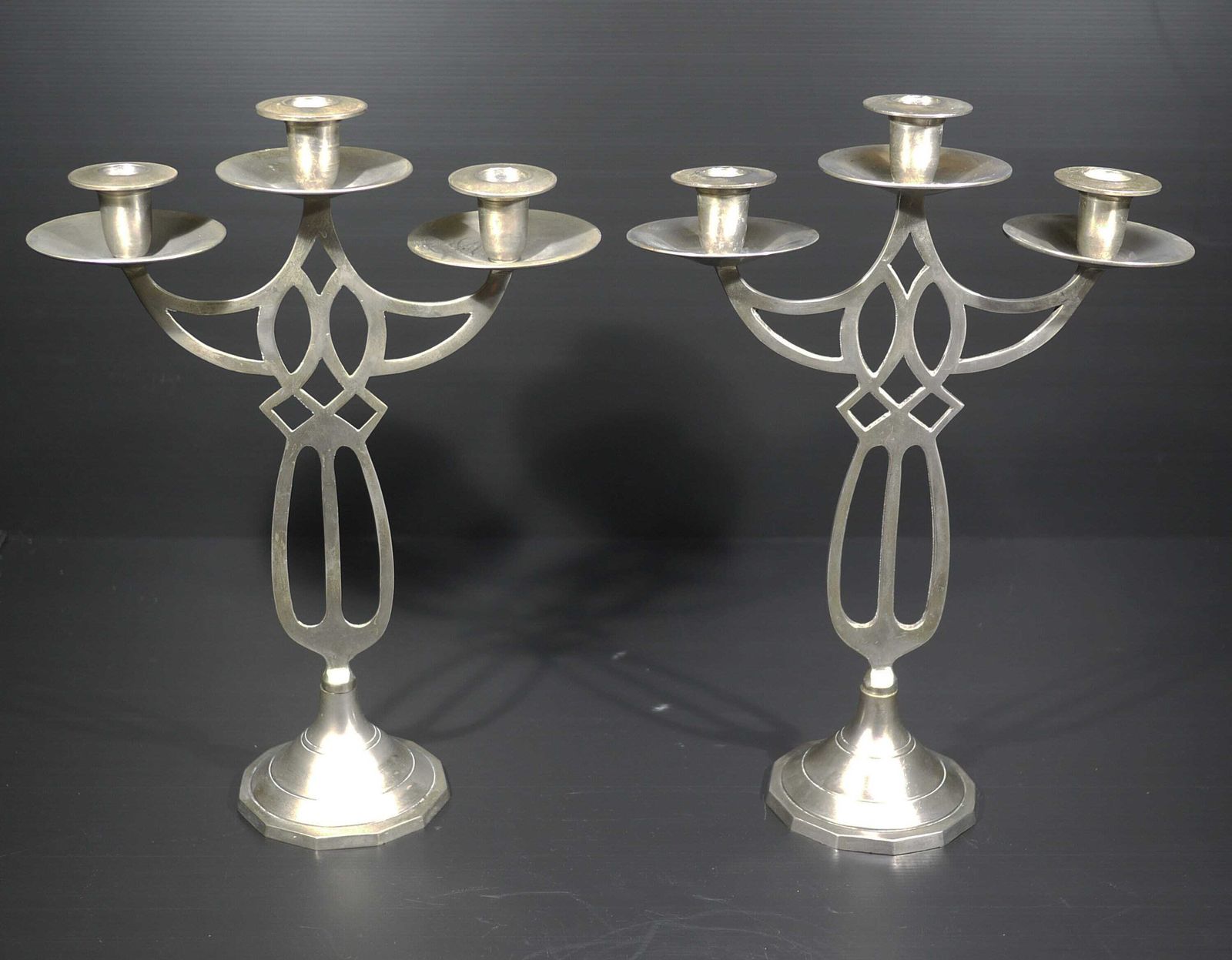 Pair Of Art Nouveau Pewter Candelabra, French Dinner Table Centerpiece photo for sale
