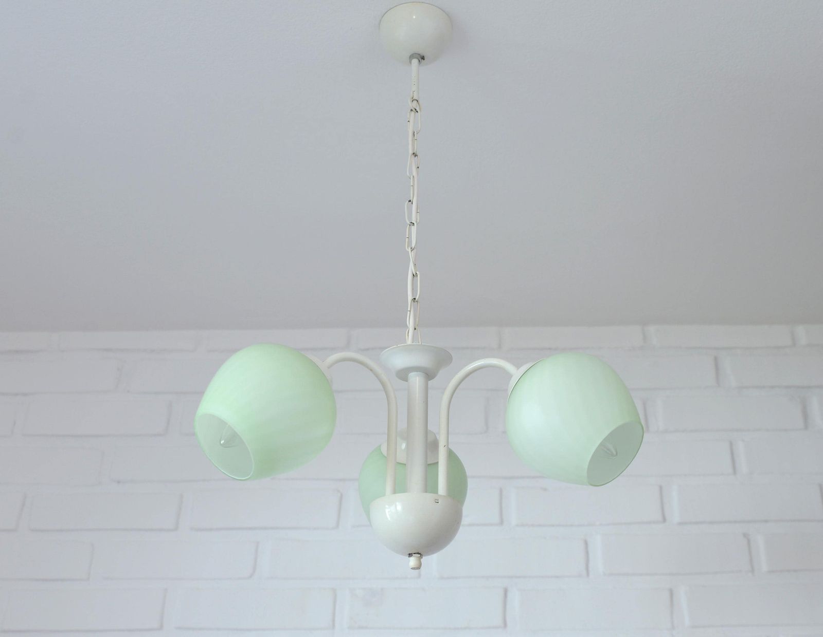 Vintage Elegant Pendant Lamp / Shabby Chic White Chandelier / Mint Green Glass photo vintage