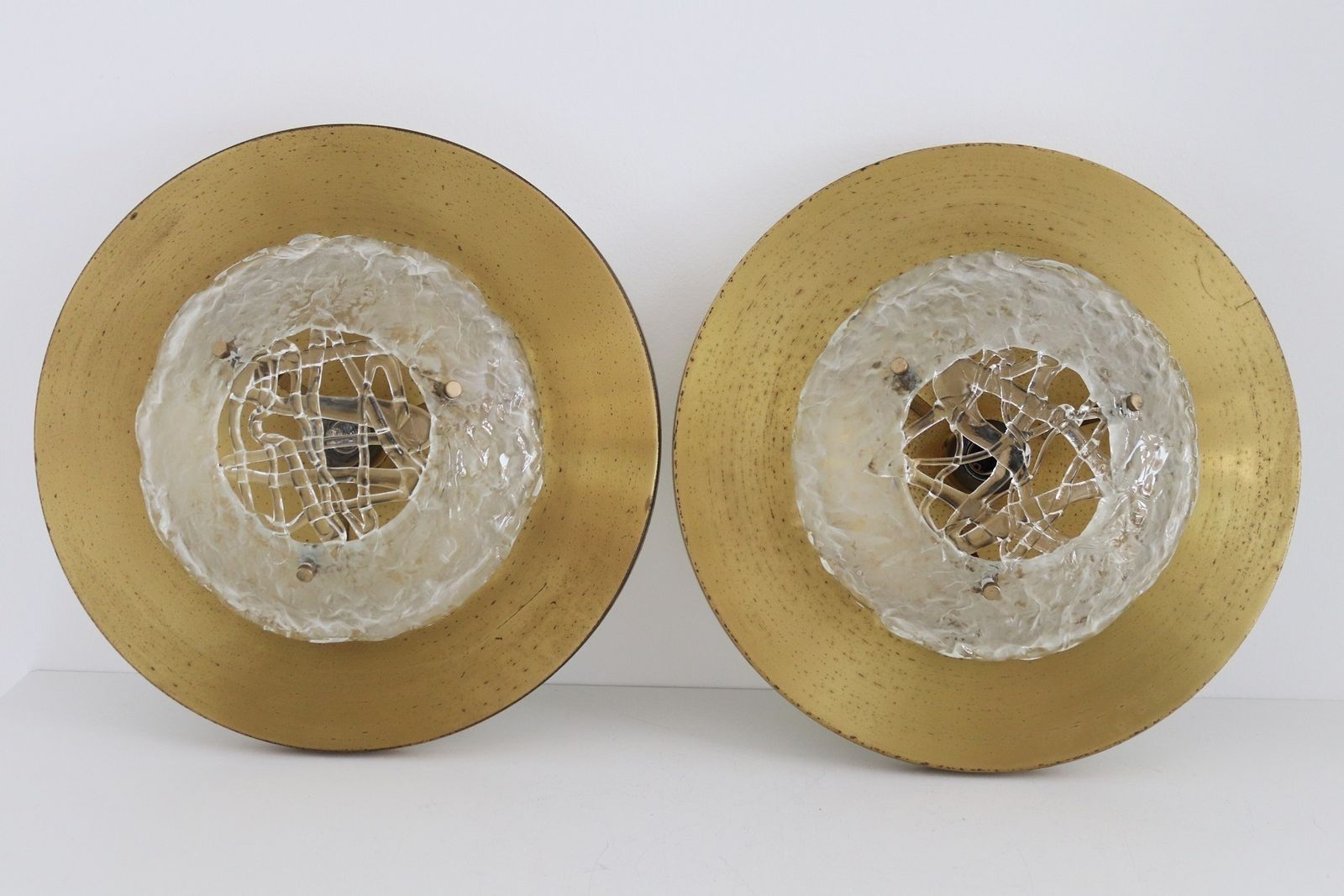 Italian Flush Mount Or Ceiling Lamps In Brass And Murano Glass By Angelo Brotto For Esperia, 1970s photo vintage