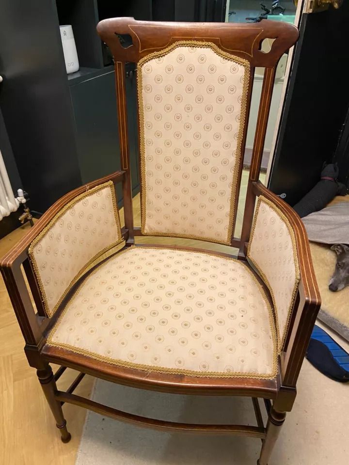 Edwardian Mahogany Chair Armchair Inlaid Marquetry English Salon Hall Bedroom Fireside photo vinterior