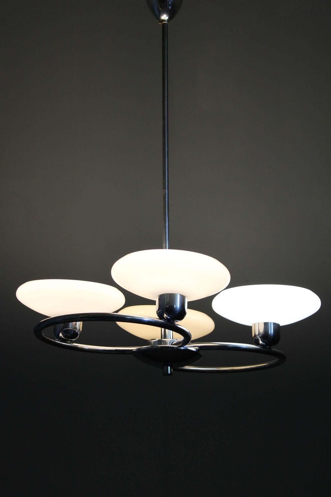 photo vintage Mid Century Chrome Chandelier With Milk Glass Disc Shades, Czechoslovakia, 1950s