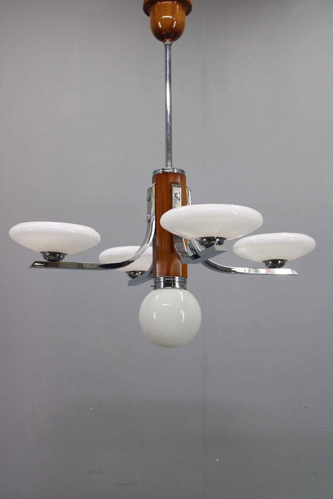 Art Deco Chrome And Walnut Chandelier With Milky Glass Shades, Czechoslovakia, 1 photo furniture