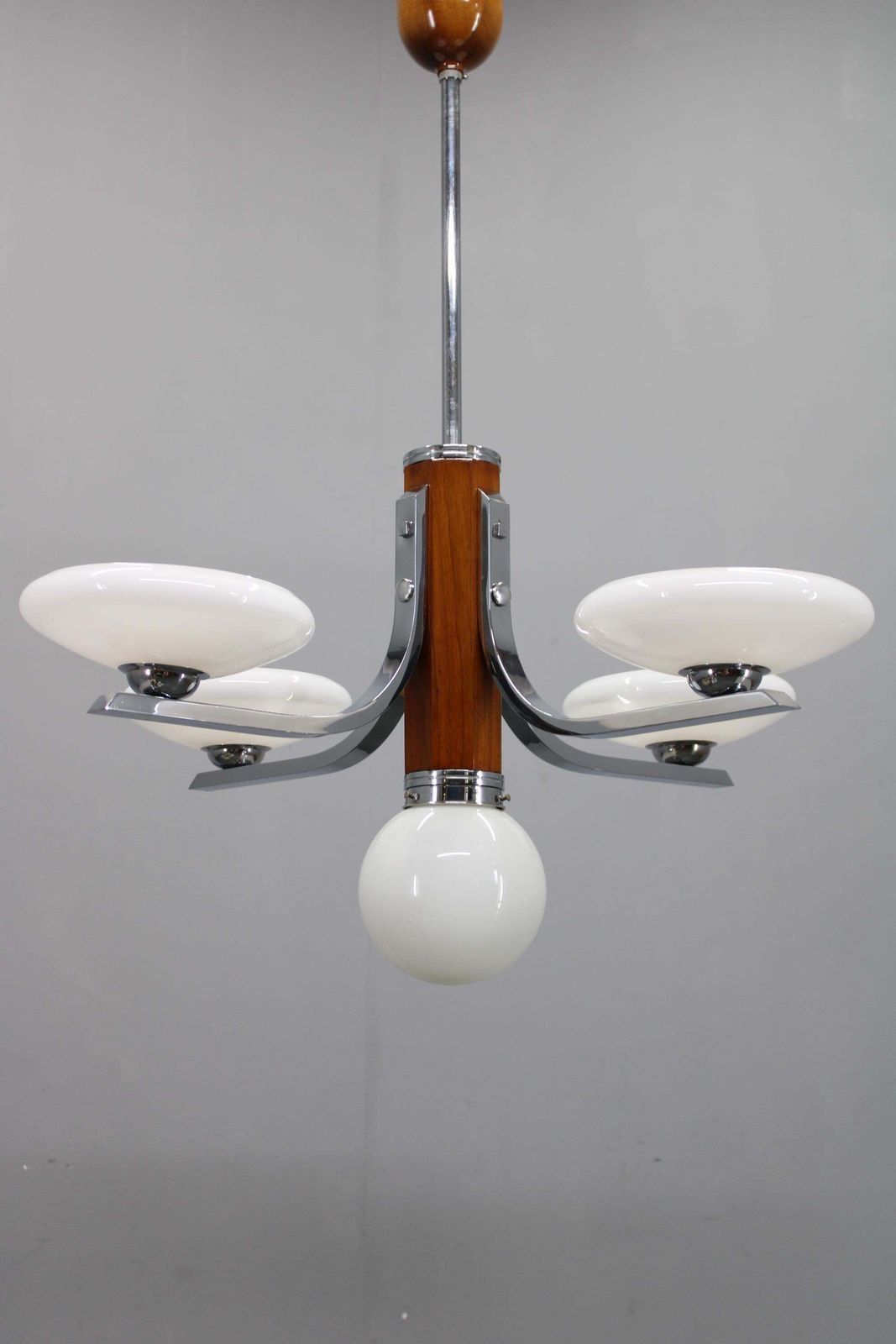 Art Deco Chrome And Walnut Chandelier With Milky Glass Shades, Czechoslovakia, 1 photo for sale