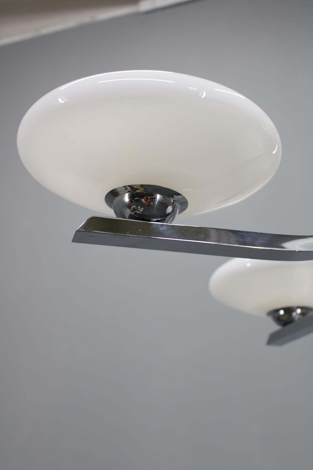 photo for sale Art Deco Chrome And Walnut Chandelier With Milky Glass Shades, Czechoslovakia, 1