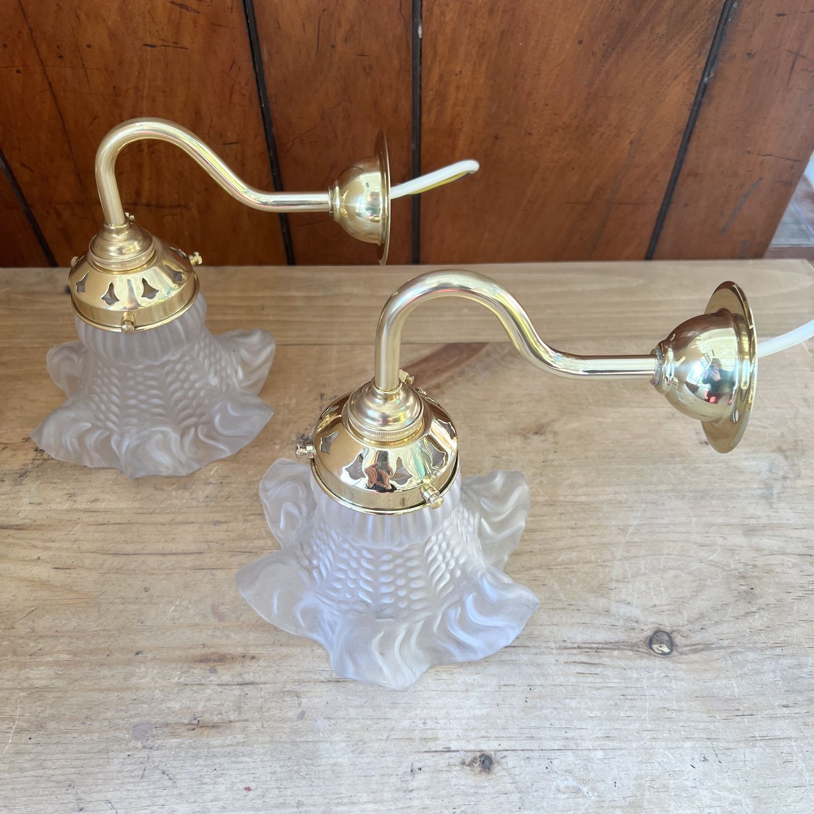 Pair Of Frosted Frill Glass Shade Wall Lights In Polished Brass photo for sale
