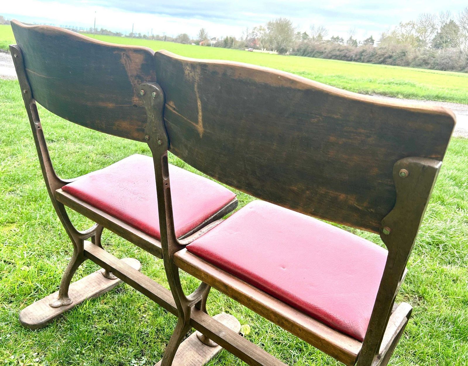 photo for sale Vintage Two Seater Folding Theatre Cinema Chairs Antique Industrial Retro Hall Hallway Opera Stacking Art Deco