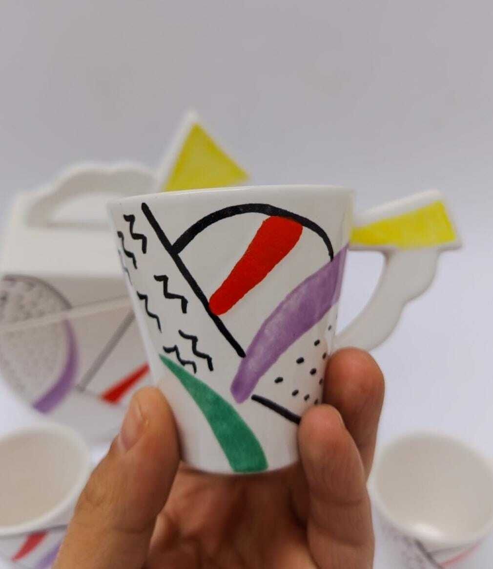 Memphis Style Postmodern Sic Ceramic Coffee Set, Vintage, Biscuit Tin And 4 Cups photo for sale