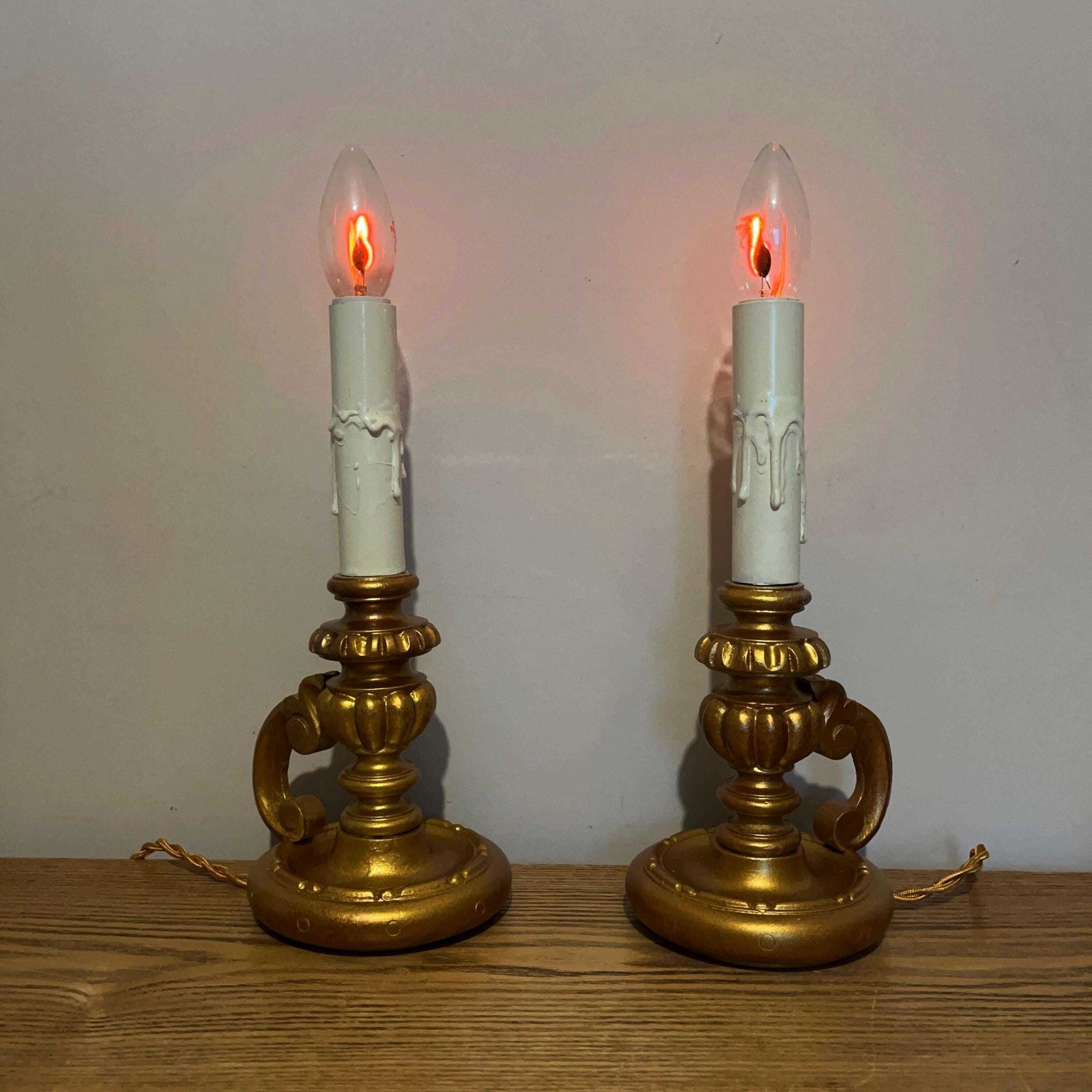 Pair Of Gold Colour Vintage French Chateau Style Chamberstick Lamps. photo vinterior