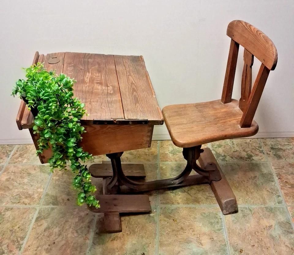 Antique Victorian School Desk With Chair Sourced From An Old Welsh School photo furniture