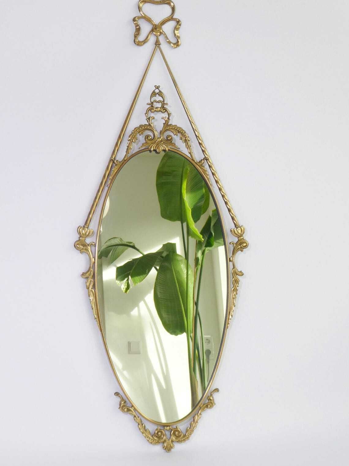 Large Oval Italian Brass Wall Mirror With Ornament  Bow Tie Hollywood Regency Mirror  Wall Hanging photo furniture