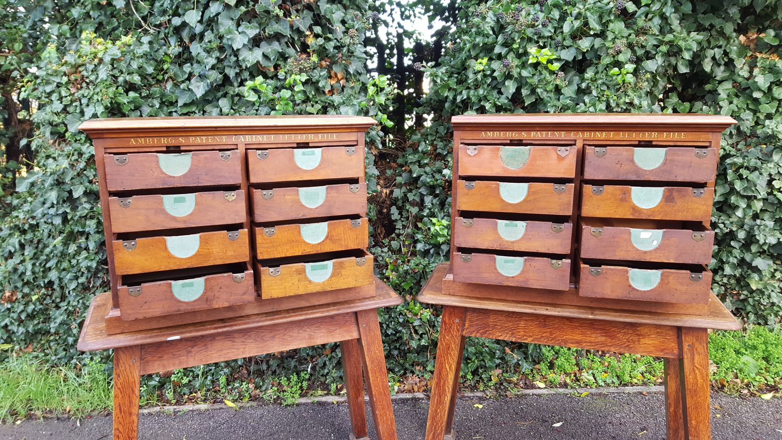 Matching Pair Of Walnut Amberg's Patent Cabinet Letter File photo buy