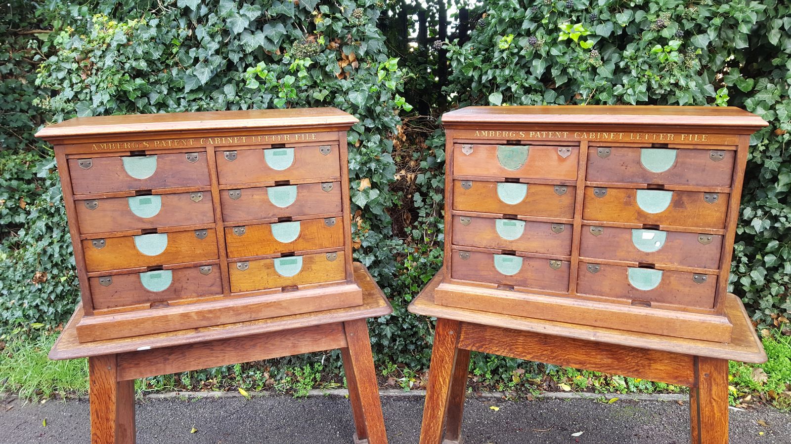 Matching Pair Of Walnut Amberg's Patent Cabinet Letter File photo vintage