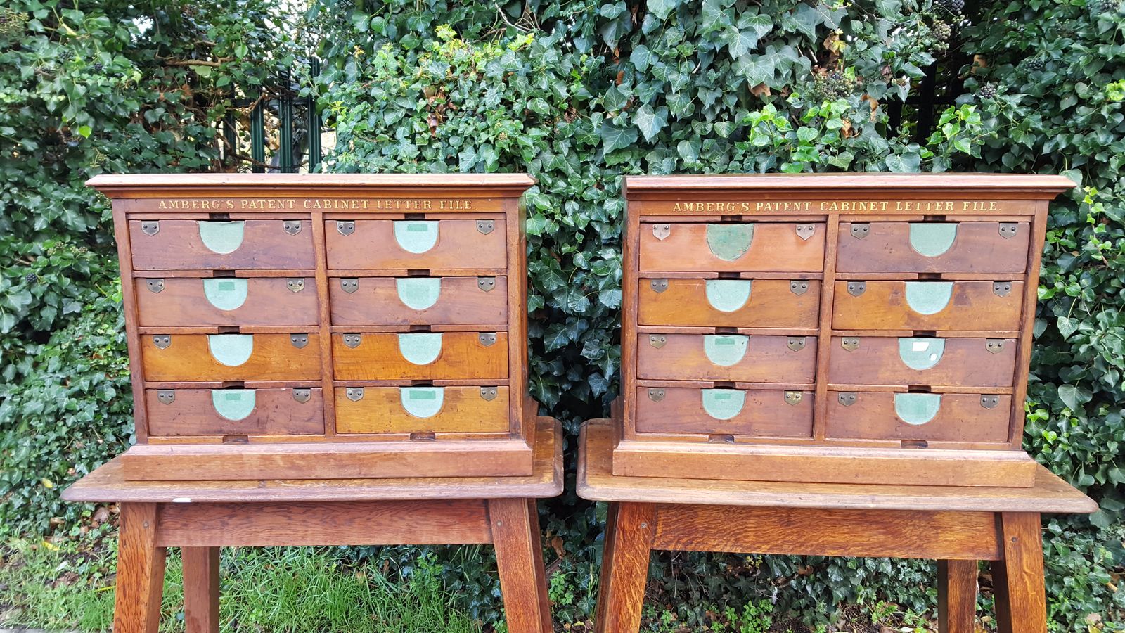 photo vintage Matching Pair Of Walnut Amberg's Patent Cabinet Letter File
