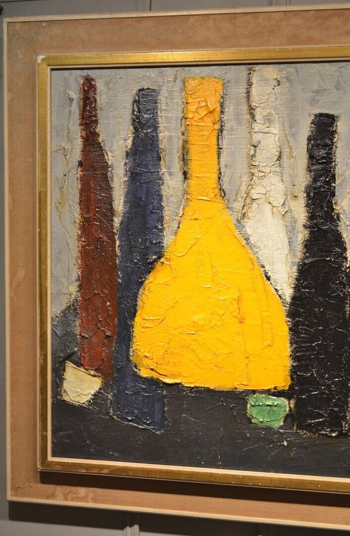 Decorative And Colourful Still Life Of Bottles Initialled Cv photo furniture