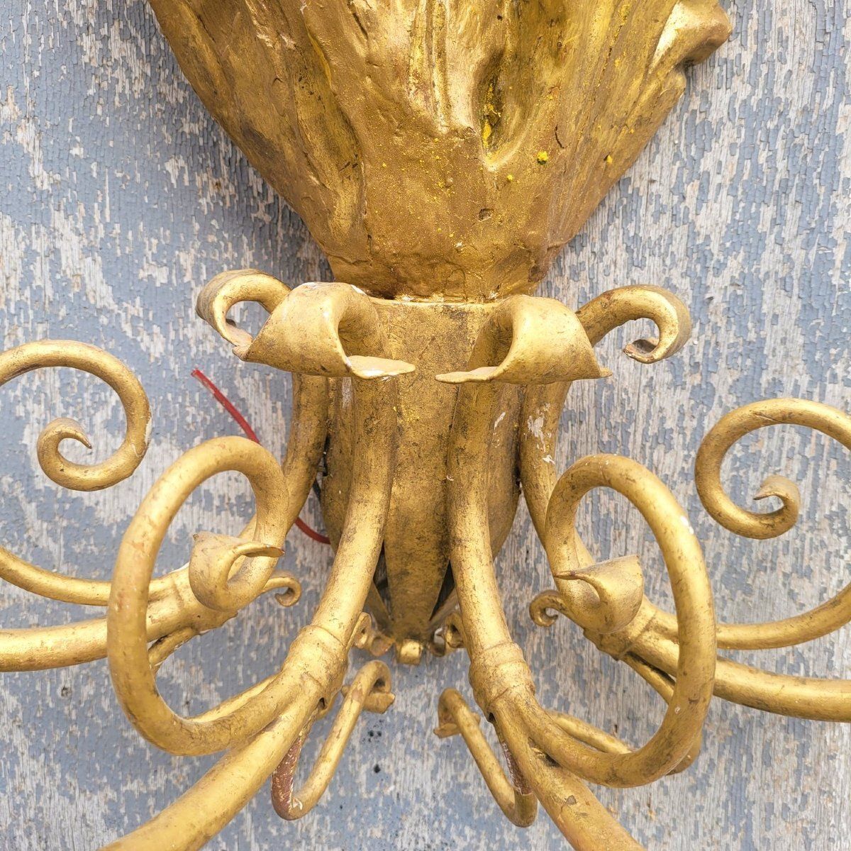 Pair Of Very Large Gilded Wood Sconces, 130cm, Early 20th Century photo vinterior
