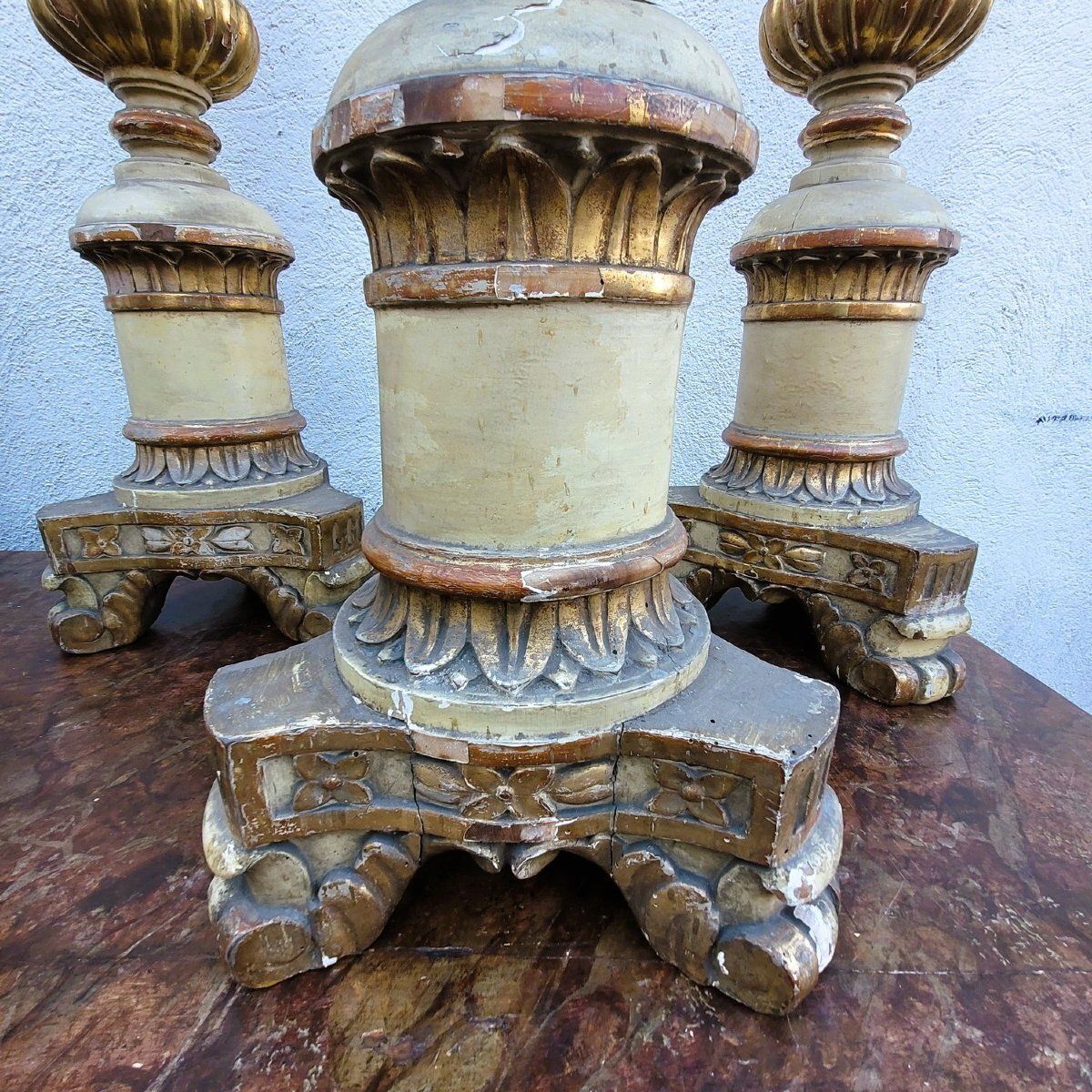 Set Of 6 Large Lacquered And Gilded Wooden Candlesticks, H140cm, Early 19th Century photo furniture